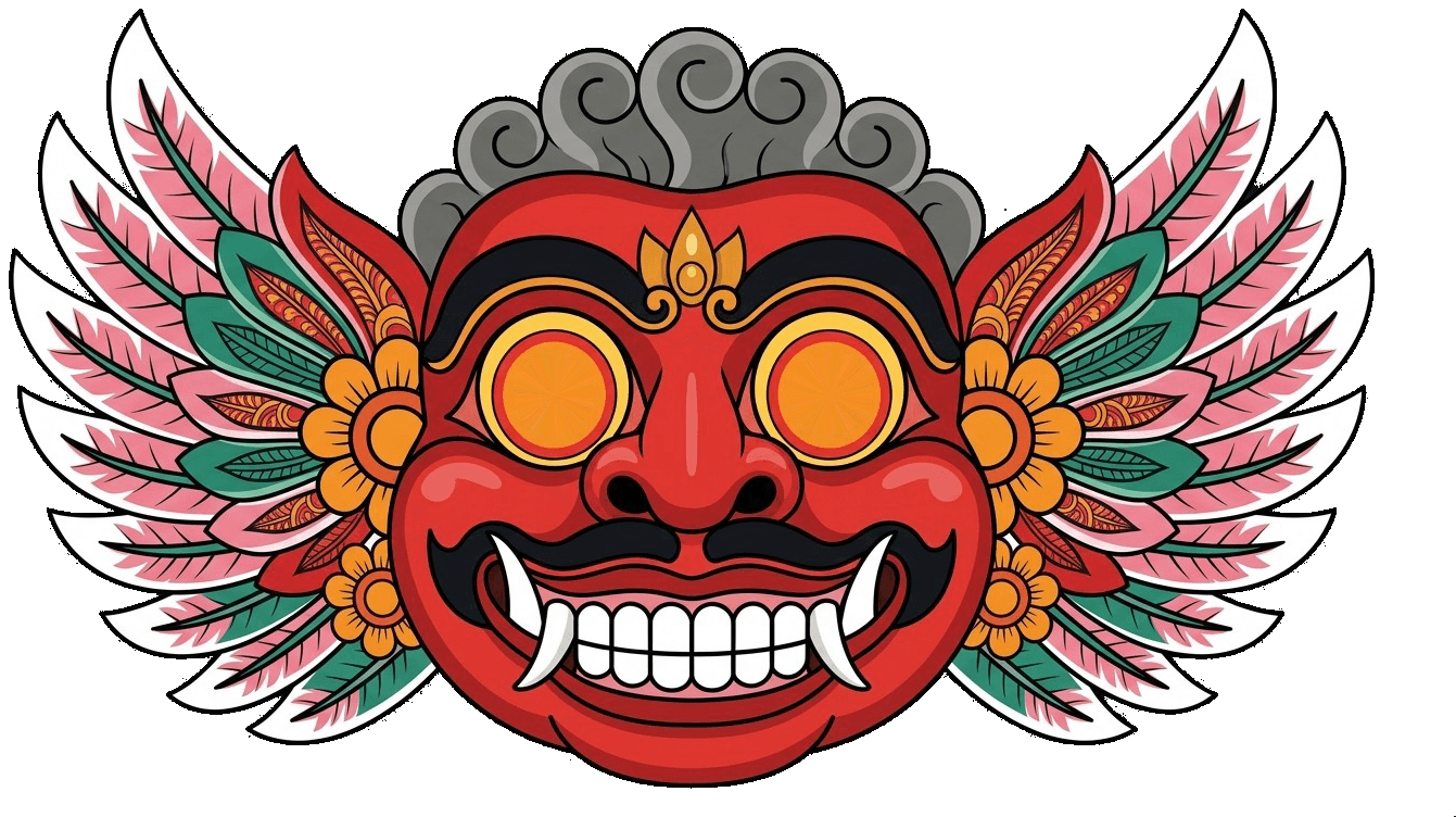Boma, a smiling red Balinese Tapel Boma mask with feathered wings